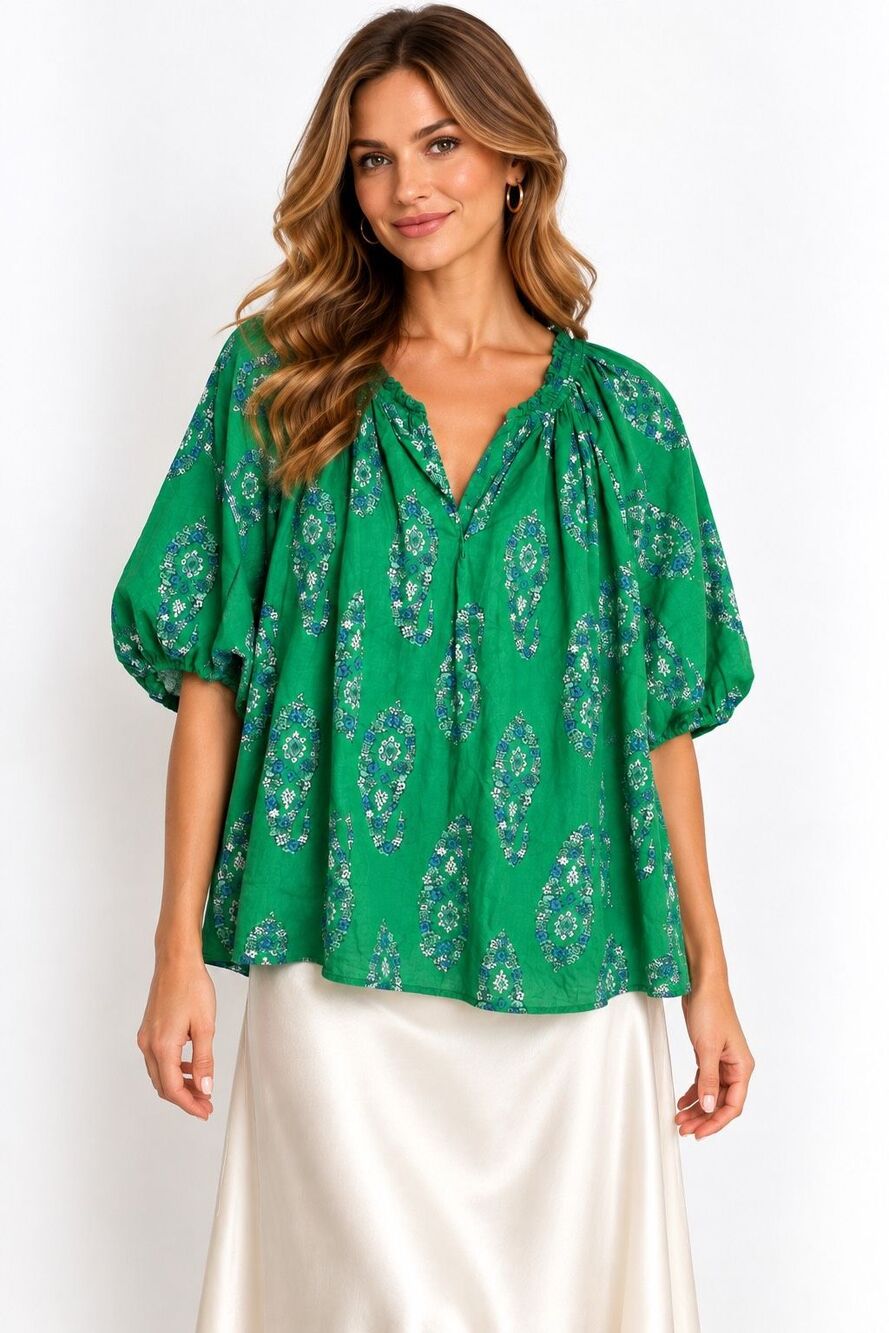Knox Rose Green Paisley Boho Blouse Peasant Top 3/4 Sleeve Size 2X